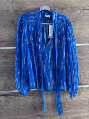 Rixo 'Moss' Cobalt Blue w/Silver Thread V Neck w/Tie Blouse - Size LG